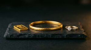 24K gold bar, 22K gold bangle and 18K gold ring side by side showing colour differences