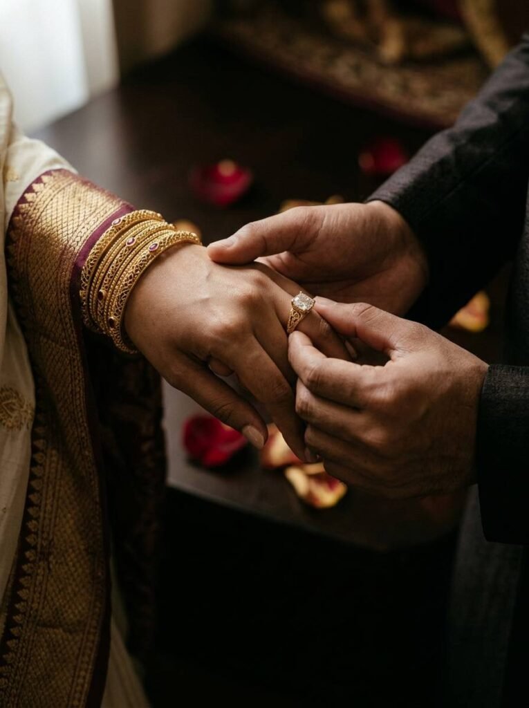 An engagement ring being placed on a bride's finger