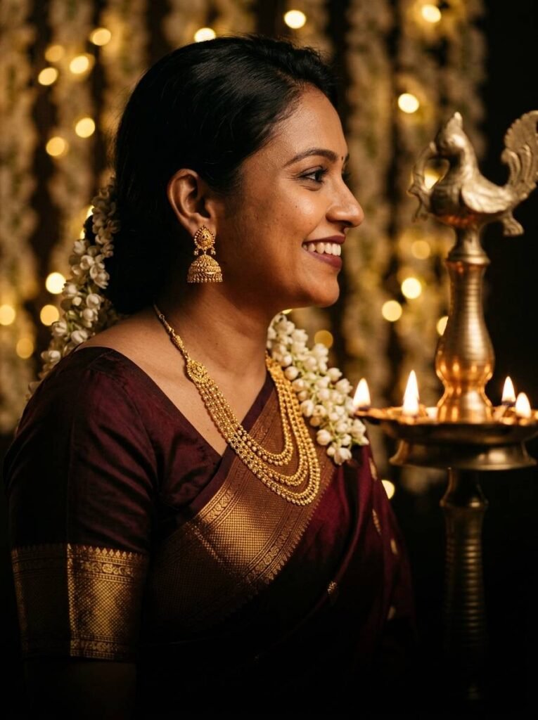 A woman in a wine-red silk saree wearing 22K gold jhumka earrings by lamplight