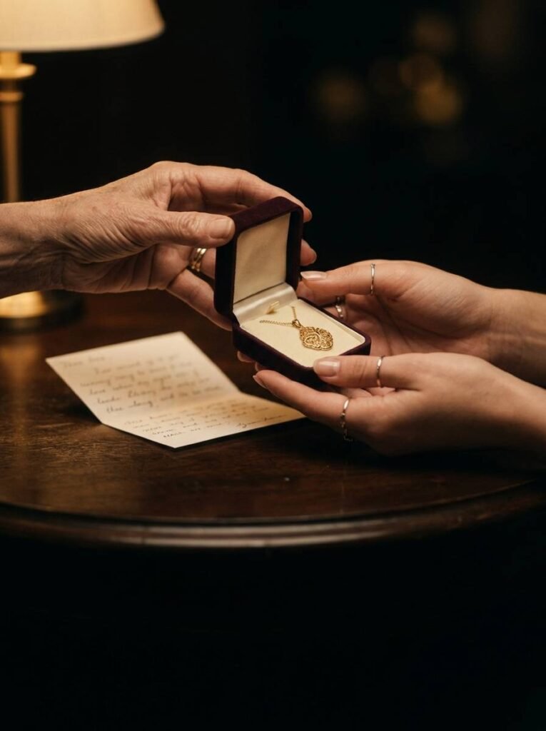 A grandmother passing a velvet jewellery box with a gold pendant to her granddaughter