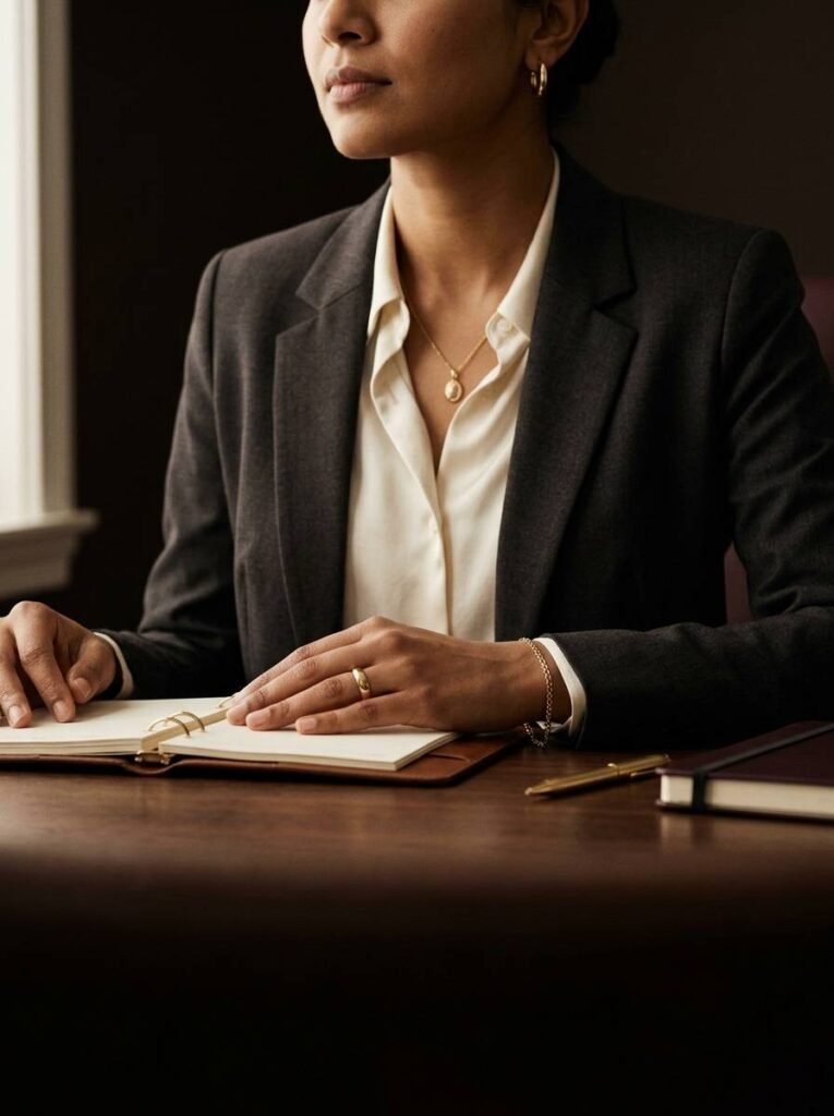 A woman in a tailored blazer wearing fine 22K gold jewellery at a boardroom table