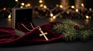 22K gold cross pendant on burgundy velvet with a gift box and Christmas lights