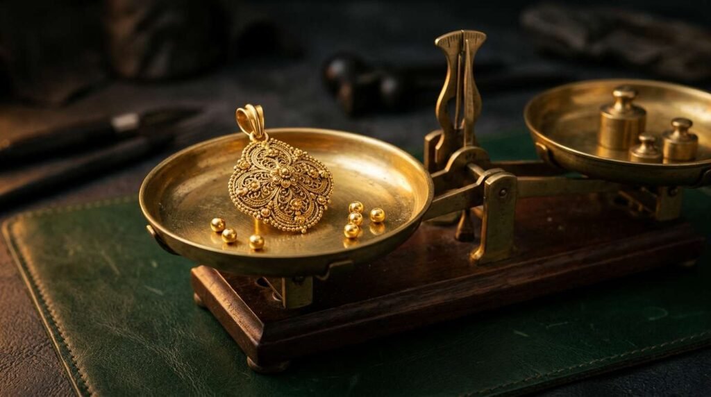 22K gold pendant on a brass jeweller's balance scale