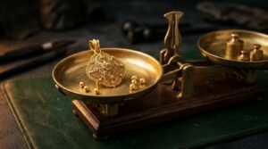 22K gold pendant on a brass jeweller's balance scale