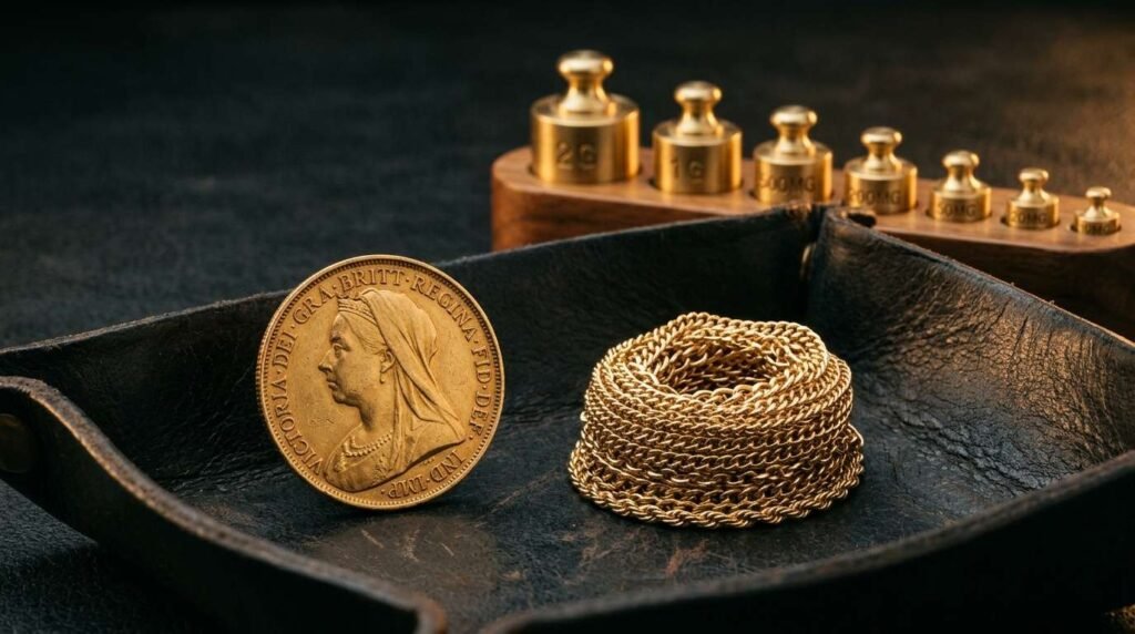 Antique gold sovereign coin beside coiled 22K gold chains and brass jeweller's weights