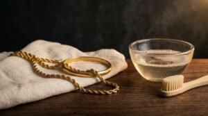 22K gold chain and bangle beside a bowl of soapy water and a soft brush for cleaning
