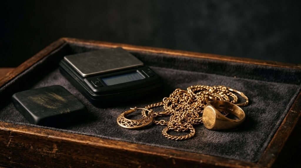 Old 22K gold jewellery on a jeweller's tray beside a touchstone and a jewellery scale