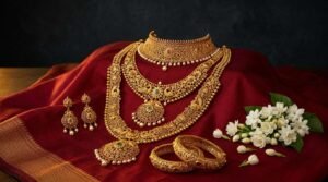Traditional Sri Lankan 22K gold bridal necklace set with earrings and bangles on red silk