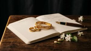 22K gold wedding bands and a bridal bangle on an open wedding planner with jasmine flowers